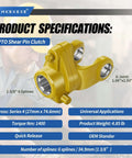 1-3/8" 6 Spline Torque Nm 1400, PTO Yoke Shear Bolt Torque Limiter in yellow, with specifications highlighting heavy-duty use.