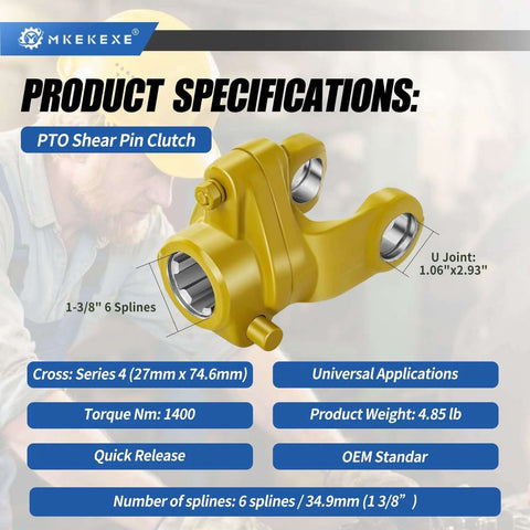 1-3/8" 6 Spline Torque Nm 1400, PTO Yoke Shear Bolt Torque Limiter in yellow, with specifications highlighting heavy-duty use.