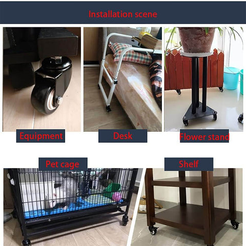 50mm PU Swivel Caster Wheels Set of 4 with Brake, installed on various furniture pieces for mobility and stability.