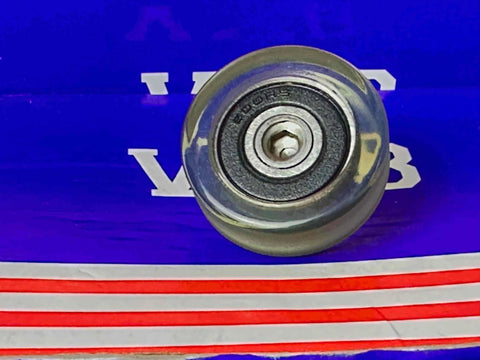 PU17x50x18-2RS C2 L12 Soft Rubber Bearing - M10 Stud-Mounted Roller on a blue background with stripes.