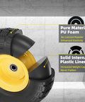 Close-up of 4.10/3.50-4 Flat Free Tire showcasing solid internal plastic liner and PU foam construction for durability.