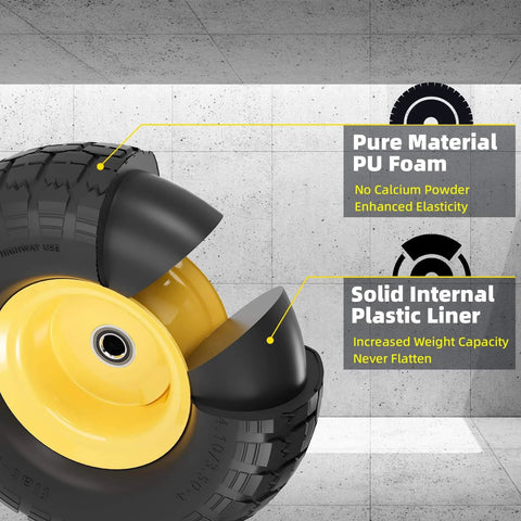 Close-up of 4.10/3.50-4 Flat Free Tire showcasing solid internal plastic liner and PU foam construction for durability.