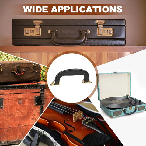 PU Leather Luggage Handle Replacement Strap For Travel Bags Guitar And Musical Boxes, displayed with suitcase and instrument cases.