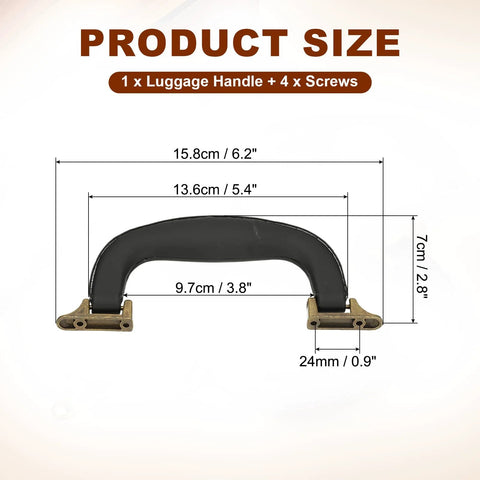 Product size chart for PU Leather Luggage Handle Replacement Strap For Travel Bags Guitar And Musical Boxes Gift Boxes Vintage U Shape With 0.9 Inch Hole Spacing 6.2 By 2.8 Inch Overall Size Inner 3.8 Inch Outer 5.4 Inch Available In Black Or Bronze showing dimensions.