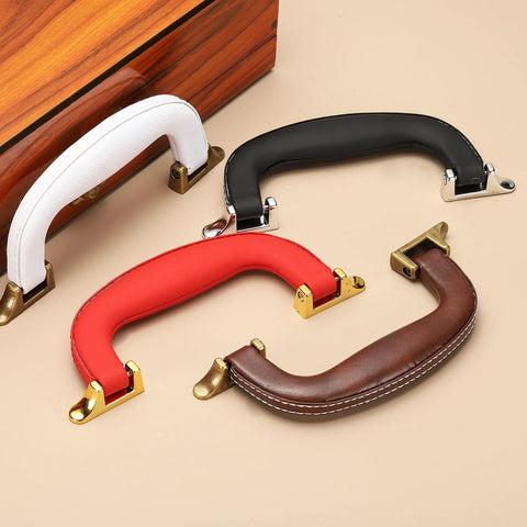 PU Leather Luggage Handle Replacement Strap, vintage U shape, available in black, bronze, red, and white, for travel bags and gifts.