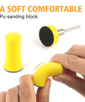 Hands holding a yellow 1 inch hook and loop sanding disc block, shown with backing pad, ideal for wet dry use, 180 pcs set, grits 60 to 10000.