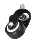 Four Pack of 1.5 Inch Swivel Caster Wheels PU 360 Degree Threaded Stem M8 by 25mm Black Polyurethane Wheels 40mm Diameter Each 50kg Load Per Wheel Total 330lb Capacity Ideal For Carts Cabinets Tool Totes And Light Duty Trolleys, close-up of a black caster wheel with metal stem.