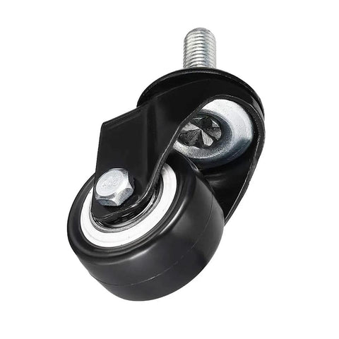Four Pack of 1.5 Inch Swivel Caster Wheels PU 360 Degree Threaded Stem M8 by 25mm Black Polyurethane Wheels 40mm Diameter Each 50kg Load Per Wheel Total 330lb Capacity Ideal For Carts Cabinets Tool Totes And Light Duty Trolleys, close-up of a black caster wheel with metal stem.