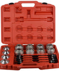 Open red case of Pull and Press Sleeve Kit with 28 Pcs Universal Remove Bushes Bushing Bearings Seals for HGV and LCV Engines.