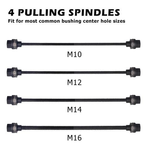 Four pulling spindles for Pull and Press Sleeve Kit with 28 Pcs Universal Remove Bushes Bushing Bearings Seals, showing M10 to M16 sizes.