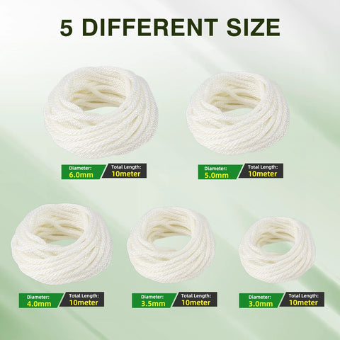 Five rolls of pull start cords in different sizes, featuring the Replacement 4.0mm Pull Start Cord, 10 Meters Long, Recoil Starter Rope.