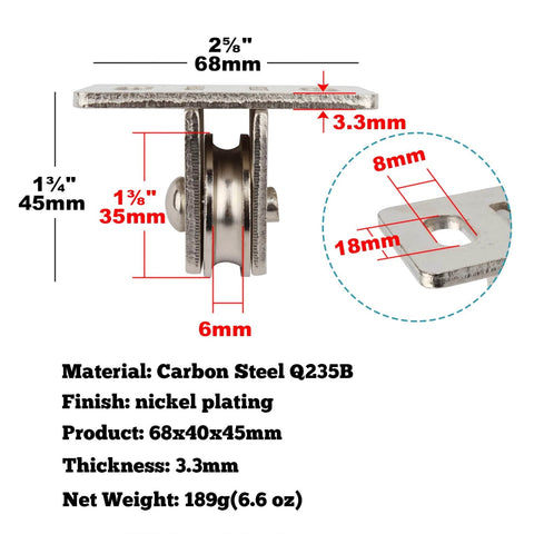Side view of 4 Pcs 1-3/8" Pulley Block, Single Bearing Silent for 3/16" Cord, dimensions and material labels visible.