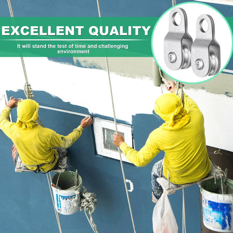 Two workers painting building facade; inset image of 20 Pcs Small Single Pulley Block Wheel Bearing Inside Cable Rollers hanging rope accessories.