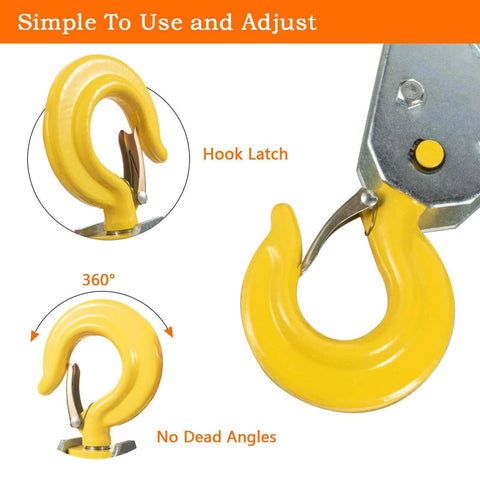 Close-up of 3Ton Pulley Hook Heavy Duty Pulley Lifting Block Hoist with Hook for 5/8" Wire Rope Snatch Block 1Pack showing yellow hook and latch.