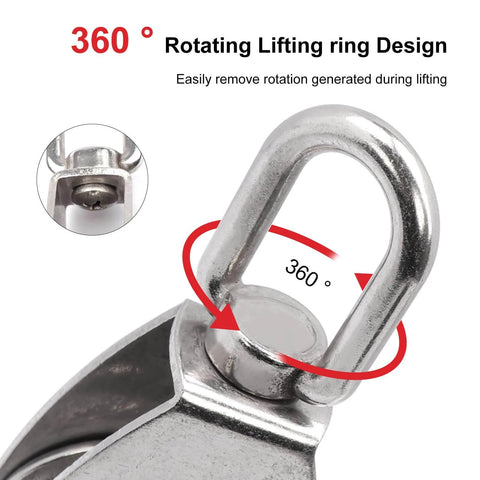 ✝️ M50 Single Pulley Snatch Block Lifting Crane Heavy Duty Swivel Hook 304 Stainless Steel with 360° rotating lifting ring design