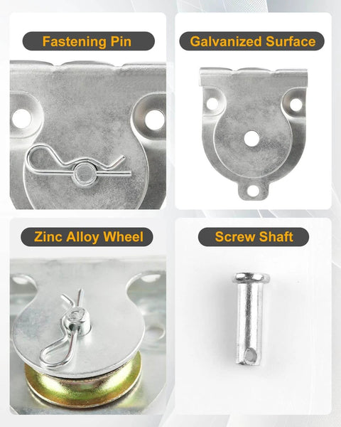 Close-up view of 12 Pcs Wall Mount Pulley, 1-1/2" Ceiling Mount Pulley Fit 3/8" Wire Rope showing fastening pin and zinc alloy wheel.