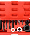 Power Steering Pulley Puller And Installer Kit 12 Piece All In One Universal Tool Set in red carrying case, open view