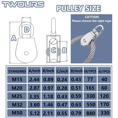 Pulley 304 Stainless Steel Single Pulley Block M25 diagram with size measurements and specifications for rigging use