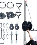 Pulley System For Gym Power Rack Attachments Smith Machine Cable Crossovers Kit with 2-inch bars and weight plates visualized.
