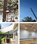 Collage of winter bird feeder, outdoor pulley system, patio shade, and basketball court rigging.