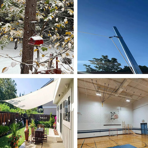 Collage of winter bird feeder, outdoor pulley system, patio shade, and basketball court rigging.