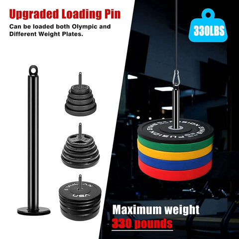 Upgraded Loading Pin for 330 lbs Cable Pulley System with weights shown in gym setup