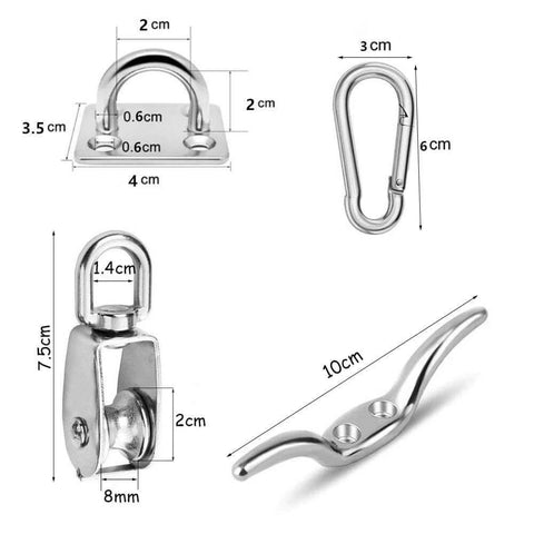 Pulley System Set, M20 Crane Pulleys for Lifting with Rope, 304 Stainless Steel Block and Tackle Pulley System components, dimensions labeled