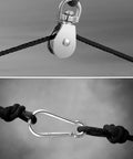 Close-up of Pulley Block System Set, M20 pulley wheel stainless steel with 66ft nylon rope and hooks for lifting and hanging