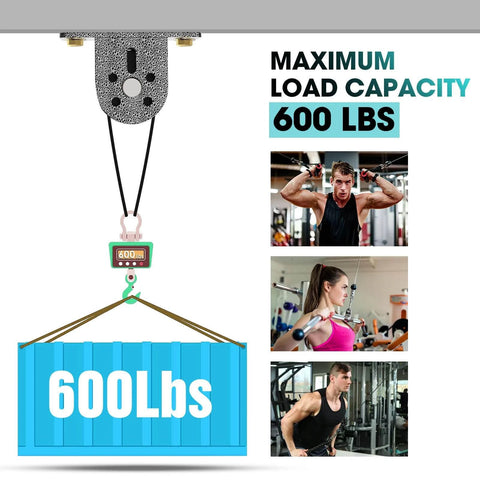 Cable Rope Bearing Pulley Wheel, Wall-Mounted Fixed Pulley Weight System for Home Gym, Ceiling Mount Accessories shown lifting 600 lbs