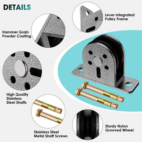 Close-up of Cable Rope Bearing Pulley Wheel, Wall-Mounted Fixed Pulley Weight System in grey with stainless steel frame and screws.