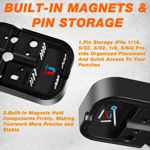 Pin Punch Set With Hammer And Roll Pin Tools in Chrome Vanadium Steel showcasing built-in magnets and pin storage feature.