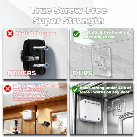 Comparison graphic of Punch-Free 1000g Automatic Screen Door Closer showing screw-free installation and strong adhesion benefits.