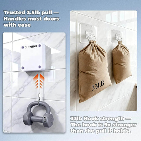 Punch-Free 1000g Automatic Screen Door Closer demonstrating 3.5lb pull and 33lb hook strength, ideal for various doors.