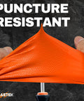 Hands stretching 8 Mil Nitrile Powder Free Gloves Diamond Textured Heavy Duty Orange 100Pcs showcasing puncture resistance.