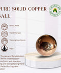 2 Inch 1 Ball Copper Ball for meditation displayed with benefits, featuring stress relief and hand therapy symbols, 50mm diameter.