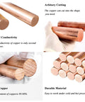 Collage of 99.98 Percent Pure Copper Rod 10mm Diameter 102mm Length Solid Copper Round Bar illustrating conductivity and durability