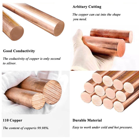 Collage of 99.98 Percent Pure Copper Rod 10mm Diameter 102mm Length Solid Copper Round Bar illustrating conductivity and durability