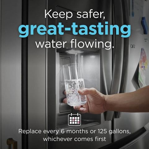 Person filling glass with water from fridge using PureSource Ultra II Refrigerator Water Filter EPTWFU01, 1 Count, White.