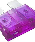 Close-up of a purple 3 Amp automotive blade fuse from a 50 Pack 3 Amp Blade Automotive Fuses for Cars and Trucks, Fast Acting 32V Standard Circuit Protection.