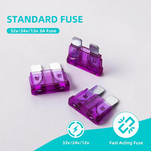 Purple blade fuses for automotive use, 3A, 32V/24V/12V, zinc alloy, for cars, trucks, motorcycles, SUVs, boats, and RVs.