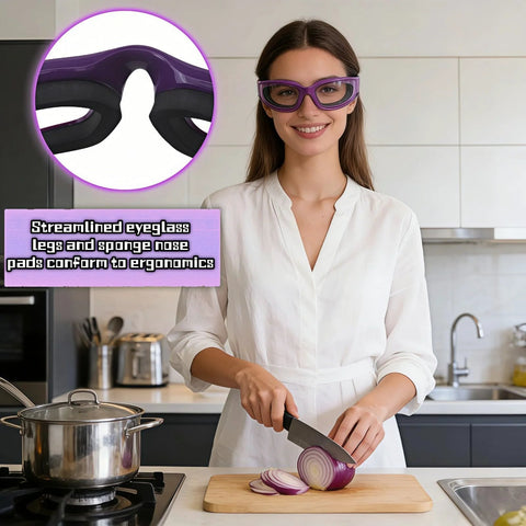 Woman in kitchen wearing Anti Fog Onion Goggles With Ultra Light Frame For Tear Free Cooking Purple, cutting onion