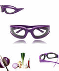 Anti Fog Onion Goggles With Ultra Light Frame For Tear Free Cooking Purple shown with onions and spices, multiple angles