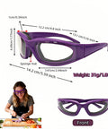 Side view of Anti Fog Onion Goggles with ultra light frame, purple color, with dimensions and a person using them while chopping.