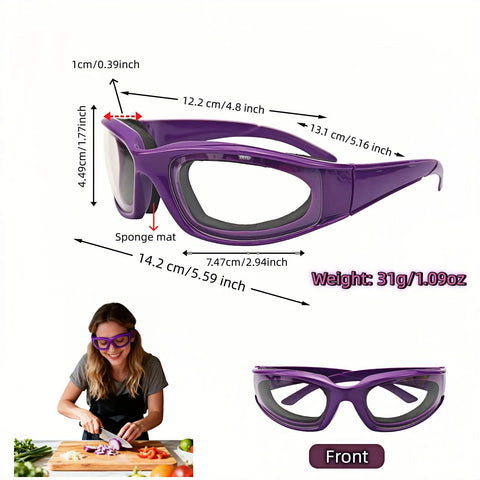 Side view of Anti Fog Onion Goggles with ultra light frame, purple color, with dimensions and a person using them while chopping.