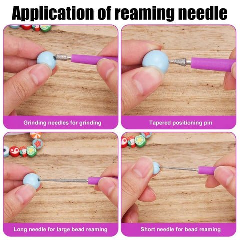 Purple Diamond Tipped Bead Reamer Set Of Four For Jewelry Making Hole Enlarger Tools With Durable Plastic Handles in use