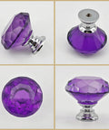 Purple Diamond Crystal Cabinet Knobs 1.2 Inch with Chrome Alloy Bases, set of 6, showing various angles and details of the glass drawer pulls.