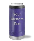 Personalized Slim Stainless Steel Can Coozie Holder For 12 Oz Slim Cans Vacuum Insulated Cooler in purple with custom text engraving