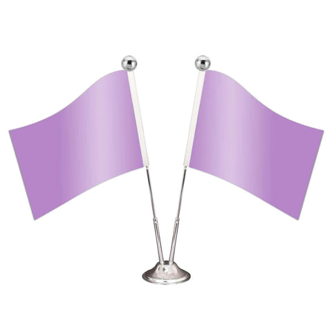 Two purple desk flags on a silver stand with round finials against a white background.