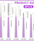 Five-piece diamond tipped bead reamer set for jewelry making with varied sizes and purple handles displayed on chart