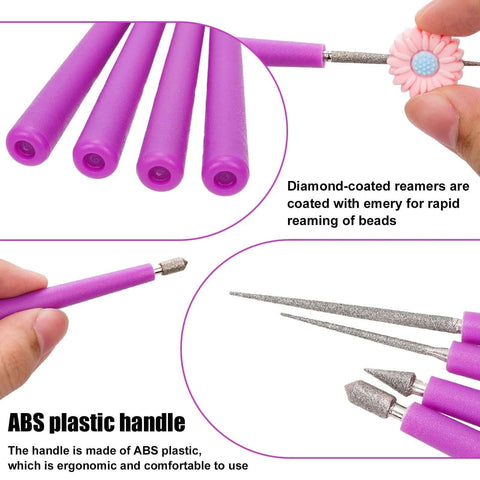 Purple Diamond Tipped Bead Reamer Set Of Four For Jewelry Making Hole Enlarger Tools With Durable Plastic Handles Includes Three Sizes For Enlarging Holes In Plastic Glass And Metal Beads For Easy Beadwork.